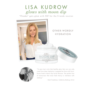 Image featuring a jar of Moon Dip® Youthful Complexion Ageless Facial Mousse with Peptides + Retinol | Farmhouse Fresh alongside a photo of a smiling woman with radiant skin, promoting hydration and youthful glow.