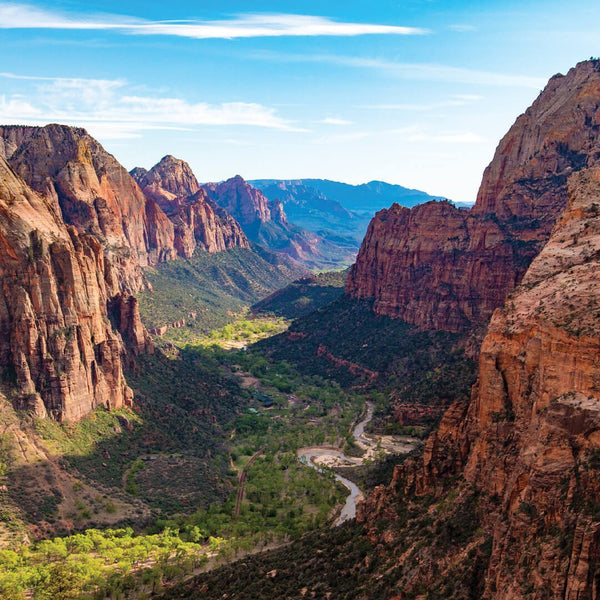 Scenic view of a sunlit canyon with rugged cliffs and a winding river below, evoking the tranquil spirit of the Zion 8oz Candle | The Beauty of Hope.