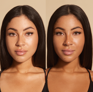 Before and after comparison of a woman’s face showing a deeper, natural-looking tan achieved using Face Tan Water - Dark | NUDA, highlighting skincare and radiant skin.