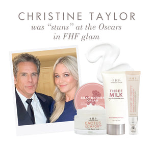 Image featuring skincare products from the Silky, Milky & Most Loved Naked Nourishment Set | Farmhouse Fresh alongside a photo of two well-dressed individuals, highlighting the set's luxurious body care and wellness benefits.