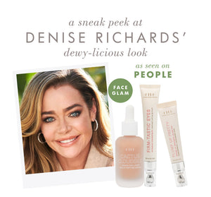 Close-up portrait of a woman with glowing skin and glossy lips next to skincare products including Plump Up Pretty Peptide Lip Treatment | Farmhouse Fresh promoting a fresh, dewy look.