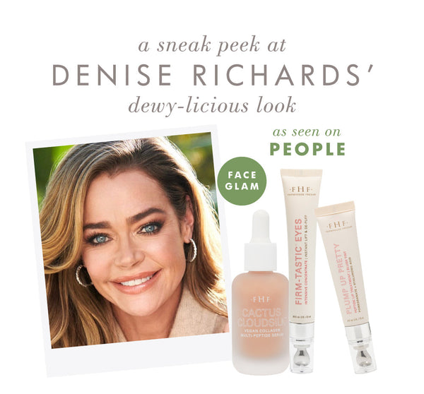 Close-up portrait of a woman with glowing skin and glossy lips next to skincare products including Plump Up Pretty Peptide Lip Treatment | Farmhouse Fresh promoting a fresh, dewy look.