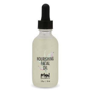 Clear glass bottle of Nourishing Facial Oil | Primal Elements with a black dropper cap, featuring simple leaf design and soft neutral tones for skincare and wellness.