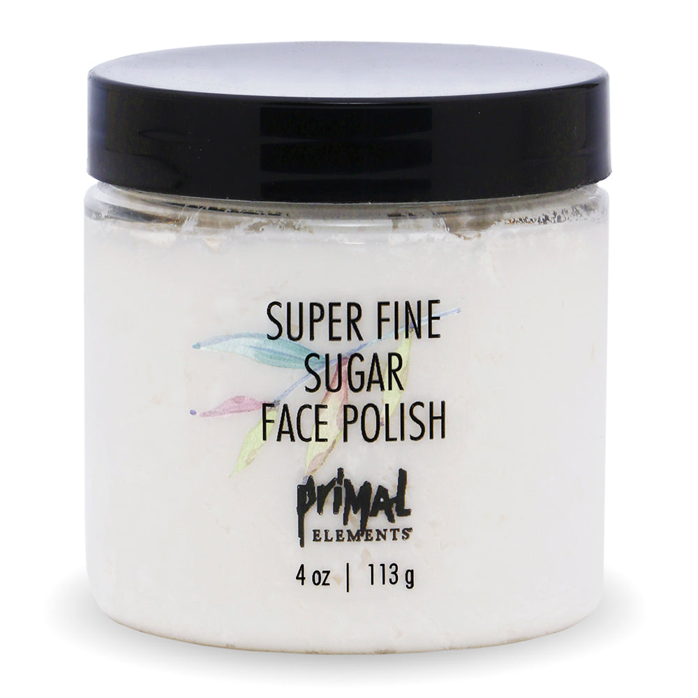 Jar of Super Fine Sugar Face Polish | Primal Elements with a black lid, designed for skincare exfoliation and gentle face polishing.