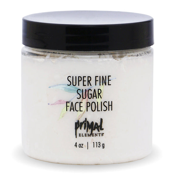 Jar of Super Fine Sugar Face Polish | Primal Elements with a black lid, designed for skincare exfoliation and gentle face polishing.