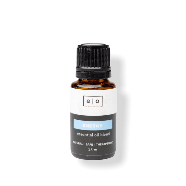 Small amber bottle of Essential Oil Blends | Essence One labeled Energy, promoting a natural, safe, and therapeutic wellness supplement for skincare and body care.