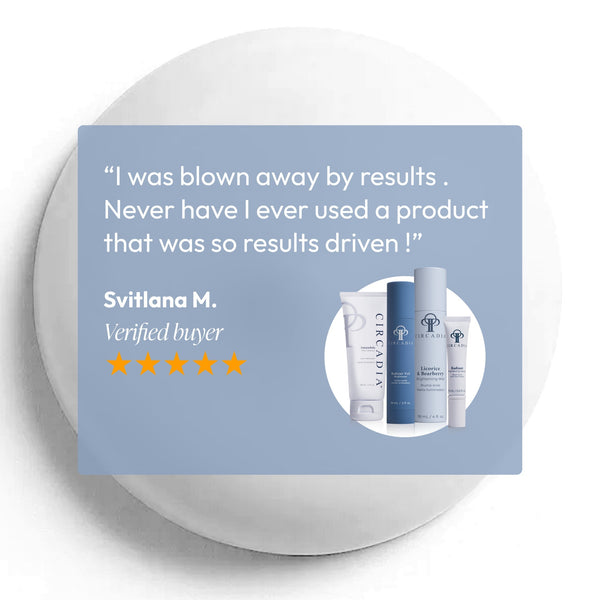 Customer testimonial with five-star rating for Pigmentation Essentials Regimen Kit | Circadia featuring four skincare product bottles on a light background.