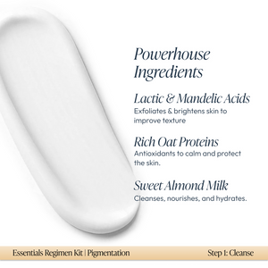 White cream texture sample with text describing powerhouse ingredients including lactic and mandelic acids for exfoliating and brightening, rich oat proteins for antioxidant protection, and sweet almond milk for cleansing and hydration, part of the Pigmen