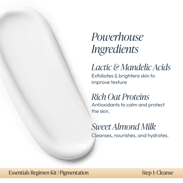 White cream texture sample with text describing powerhouse ingredients including lactic and mandelic acids for exfoliating and brightening, rich oat proteins for antioxidant protection, and sweet almond milk for cleansing and hydration, part of the Pigmen