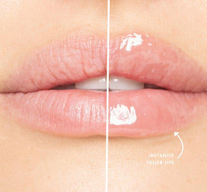 Close-up of lips showing before and after effects of Plump Up Pretty Peptide Lip Treatment | Farmhouse Fresh with smoother, glossier, and fuller appearance on one side.