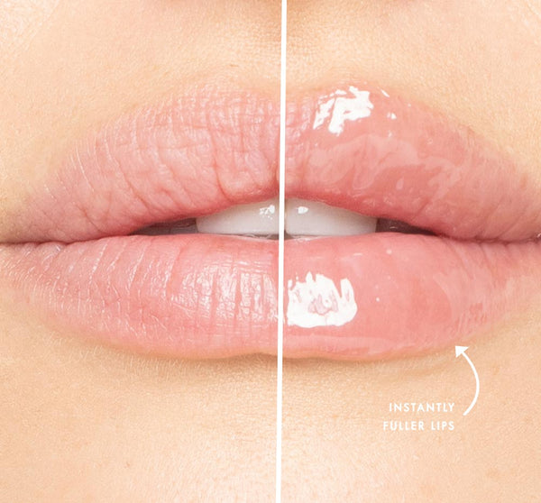 Close-up of lips showing before and after effects of Plump Up Pretty Peptide Lip Treatment | Farmhouse Fresh with smoother, glossier, and fuller appearance on one side.