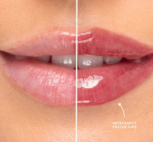 Close-up of lips showing before and after effects of Plump Up Pretty Peptide Lip Treatment | Farmhouse Fresh, highlighting visibly fuller, glossier, and hydrated lips.