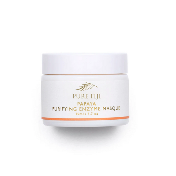 White jar of Papaya Purifying Enzyme Masque | Pure Fiji with gold and orange text, designed for skincare and spa wellness.