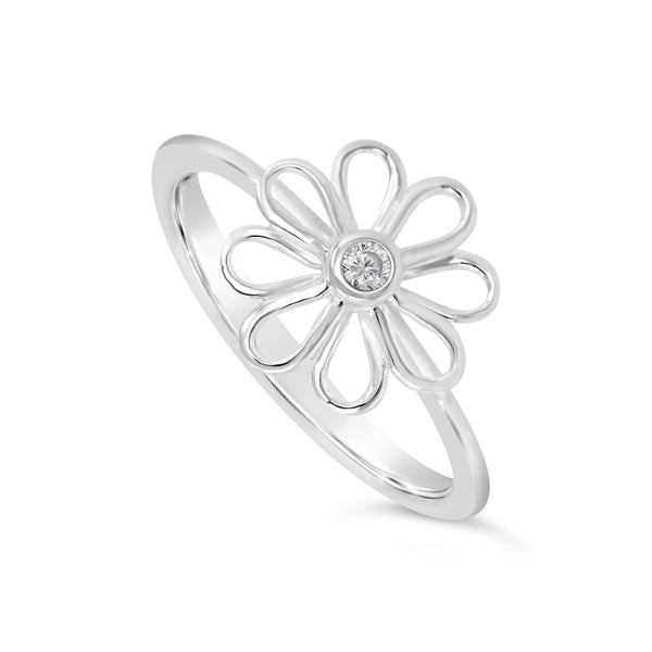Silver dainty ring featuring an open flower design with a sparkling center stone, elegantly crafted as the Wildflower Ring | Little Sparkles.