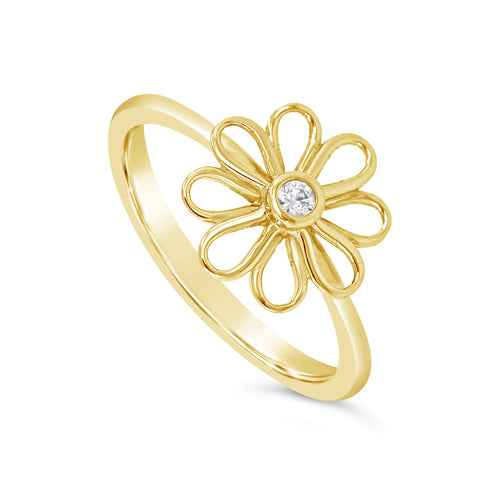 Delicate gold ring featuring an openwork flower design with a sparkling center stone, showcasing the elegant Wildflower Ring | Little Sparkles.