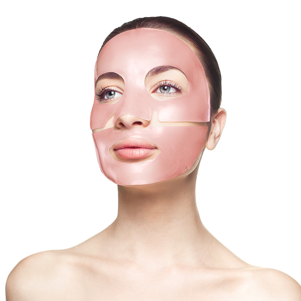 Woman wearing a pink skincare mask on her face divided into three sections, showcasing the Rose Quartz Antioxidant Face Mask - Single | Knesko for skincare and wellness.