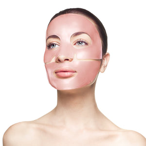 Woman wearing a pink skincare mask on her face divided into three sections, showcasing the Rose Quartz Antioxidant Face Mask - Single | Knesko for skincare and wellness.