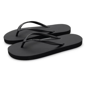 Pair of black minimalist flip-flop sandals with simple straps, designed for casual comfort and everyday wear, Slimz Core Sandals | Feelgoodz.