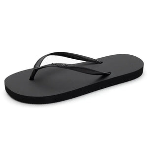Black minimalist flip-flop sandal with thin straps designed for casual comfort, featuring the Slimz Core Sandals | Feelgoodz branding.