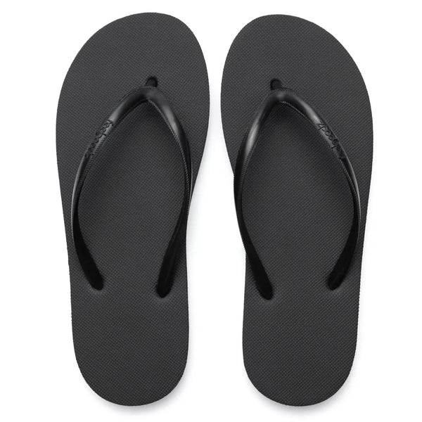 Pair of simple black flip-flop sandals with textured sole and thin straps, designed for casual comfort and style, titled Slimz Core Sandals | Feelgoodz.