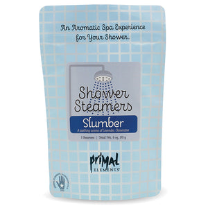 Package of Slumber Shower Steamer | Primal Elements with a soothing lavender and clementine scent for a relaxing aromatic spa experience in the shower.