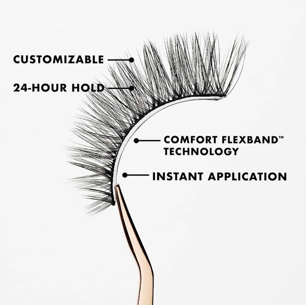 Close-up of a pair of false eyelashes held by tweezers, highlighting features like customizable fit, 24-hour hold, Comfort Flexband™ technology, and instant application for Lashies™ - Airy - On The Go | Moxielash.