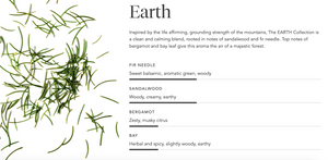 Text description of Earth scent notes with fir needle, sandalwood, bergamot, and bay leaf details alongside green pine needles, related to Attar Roll-on Scent | Zents product.