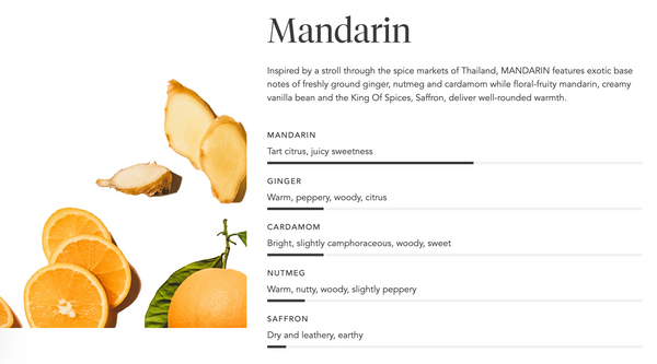 Aromatic Candle | Zents Mandarin scent description featuring fresh ginger, nutmeg, cardamom, floral-fruity mandarin, vanilla, and saffron notes with citrus and warm spicy accents.
