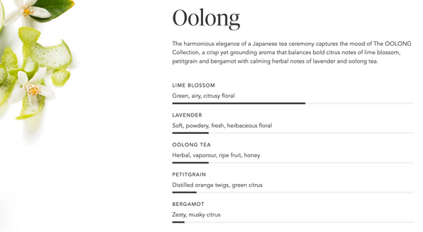 Close-up of a white and green floral arrangement alongside a detailed description of the Oolong scent, highlighting aromas of lime blossom, lavender, oolong tea, petitgrain, and bergamot for the Aromatic Candle | Zents.