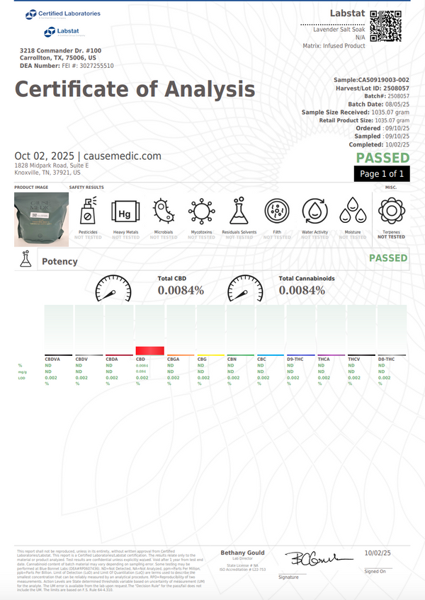 CBD Dead Sea Salt & Lavender Bath Soak (1 serving) | Cause + Medic