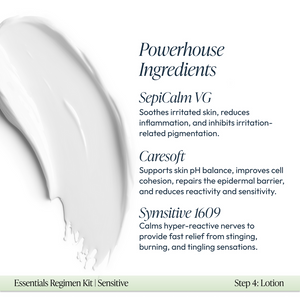 Creamy white lotion texture displayed alongside text highlighting powerhouse ingredients SepiCalm VG, Caresoft, and Symsitive 1609, describing their soothing and skin-supporting benefits in the Sensitive Regimen Bundle | Circadia.