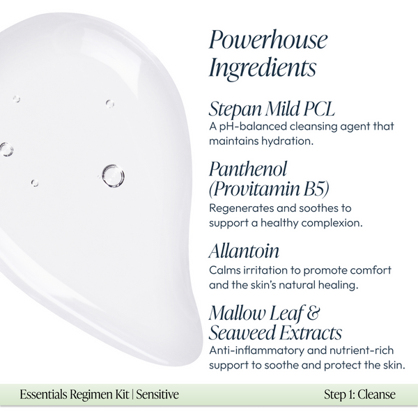 Clear gel drop showing hydration and soothing skincare ingredients including Stepan Mild PCL, Panthenol, Allantoin, and Mallow Leaf with Seaweed Extracts for the Sensitive Regimen Bundle | Circadia.