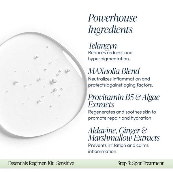 Close-up of a clear skincare serum with bubbles alongside text highlighting powerhouse ingredients like Telangyn, MAXnolia Blend, Provitamin B5, algae, and herbal extracts in the Sensitive Regimen Bundle | Circadia for calming and hydrating skin.