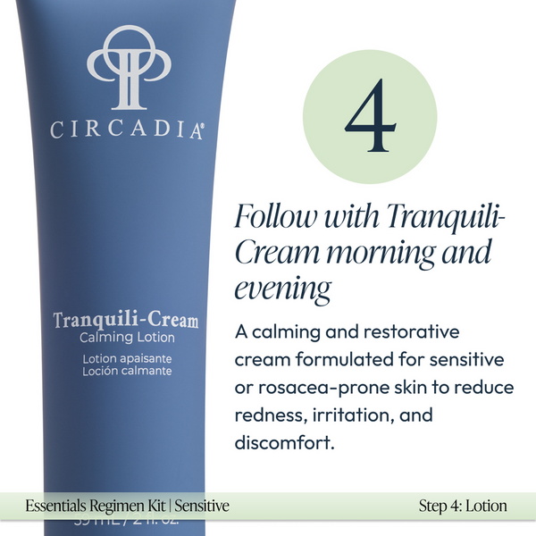 Blue tube of Tranquili-Cream calming lotion next to text describing its use for sensitive or rosacea-prone skin in the Sensitive Regimen Bundle | Circadia, reducing redness and irritation