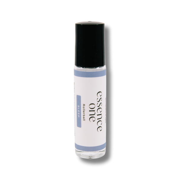 A small clear rollerball bottle with a black cap, labeled Sleep Rollerball - Sleep Support | Essence One, designed for wellness and relaxation support.