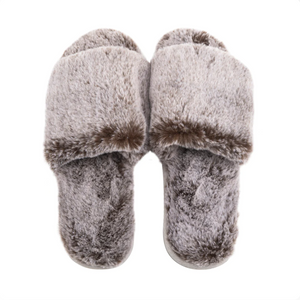 Soft and cozy gray plush slippers designed for ultimate comfort and relaxation, featuring a fluffy texture perfect for indoor wear, labeled Slipper - Gray | Lemon.