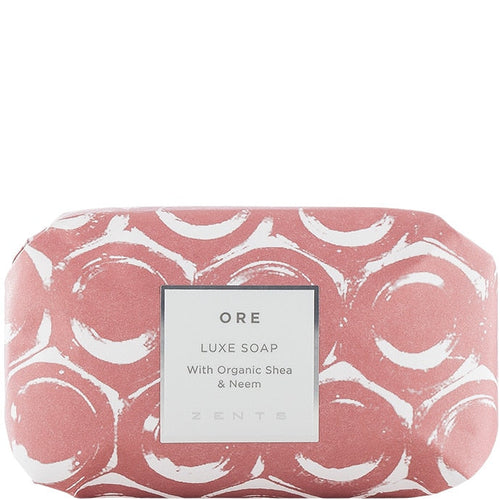 Luxe Soap Bar | Zents wrapped in artistic pink and white patterned paper, highlighting organic shea and neem ingredients for premium skincare and body care.