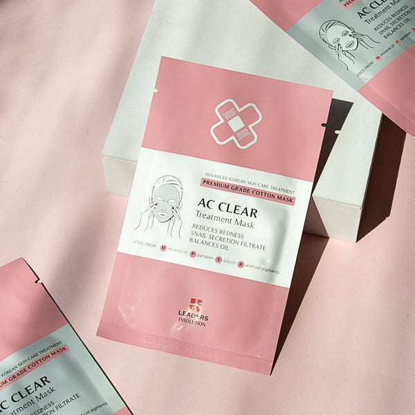 AC Clear Skin Clinic Mask | Leaders skincare treatment mask in pink and white packaging, designed to reduce redness and balance oil for clearer skin.