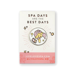Fab Spa Life Enamel Pin - Limited Edition | Lucky Owl featuring a cute owl wearing a pink spa headband, holding a brush and jar of skincare cream, promoting wellness and self-care.