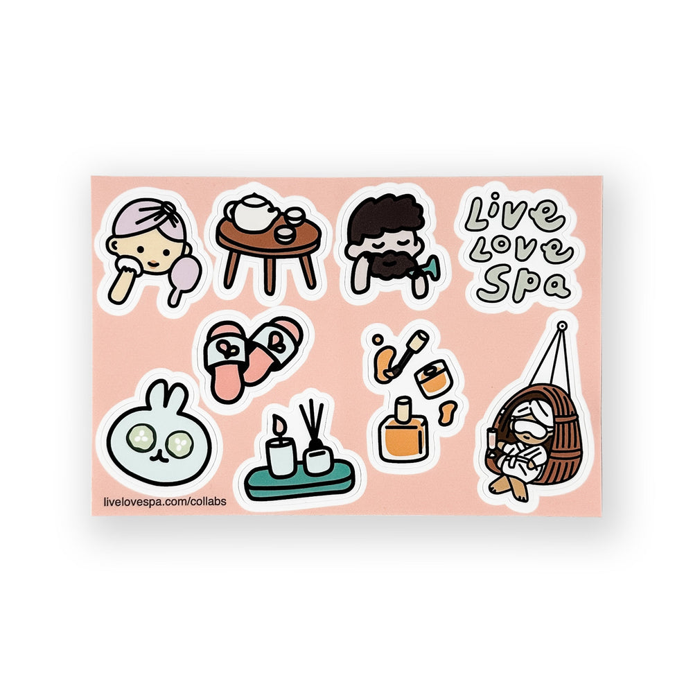 Fab Spa Life Stickers (4x6 sheet) - Limited Edition | Lucky Owl featuring cute spa-themed illustrations including a person with a face mask, tea set, massage, skincare bottles, slippers, and a relaxing figure in a hanging chair with the phrase Live Love S