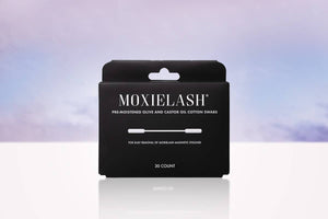 Black box packaging of Magnetic Eyeliner Swabbies | Moxielash with pre-moistened olive and castor oil cotton swabs for easy removal of magnetic eyeliner, displayed on a soft gradient background