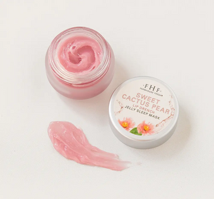 Sweet Cactus Pear Lip Drench Jelly Sleep Mask | Farmhouse Fresh in a small jar with a soft pink jelly texture swatched beside the container on a white background.