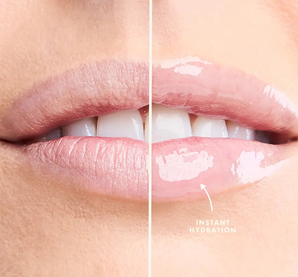 Close-up of lips showing a before and after effect with Sweet Cactus Pear Lip Drench Jelly Sleep Mask | Farmhouse Fresh, highlighting instant hydration and glossy finish on one side.