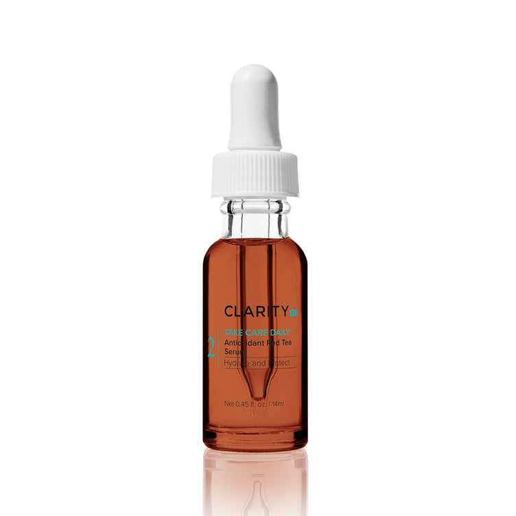 Take Care Daily™ Antioxidant Red Tea Serum | ClarityRx in a small clear glass dropper bottle containing red tea serum for skincare and antioxidant benefits.