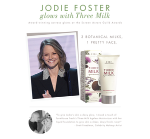 Promotional image featuring a portrait of Jodie Foster with text highlighting her glow, alongside the Three Milk Ageless Sleep Cream with Peptides | Farmhouse Fresh packaging, emphasizing skincare and natural botanical milks.