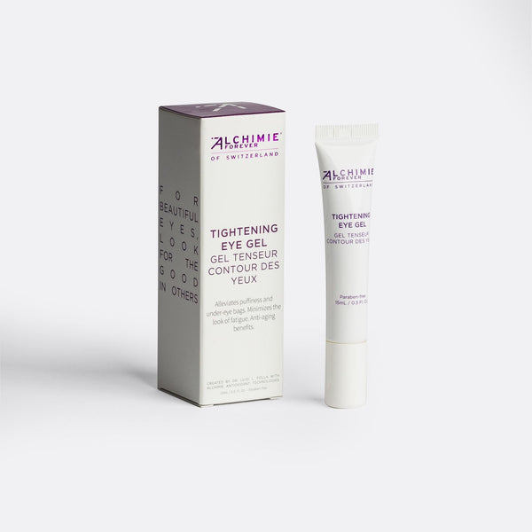 Tightening Eye Gel | Alchimie Forever in a white tube with purple text beside its matching box, showcasing skincare for reducing puffiness and under-eye bags.