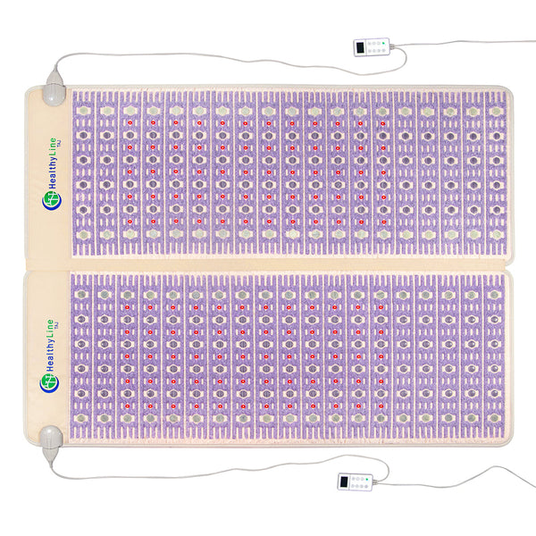 TAJ-Mat™ Queen 8060 Firm - Photon PEMF Split Inframat Pro® | HealthyLine displaying a therapy mat with embedded stones and dual controllers for advanced wellness and recovery.