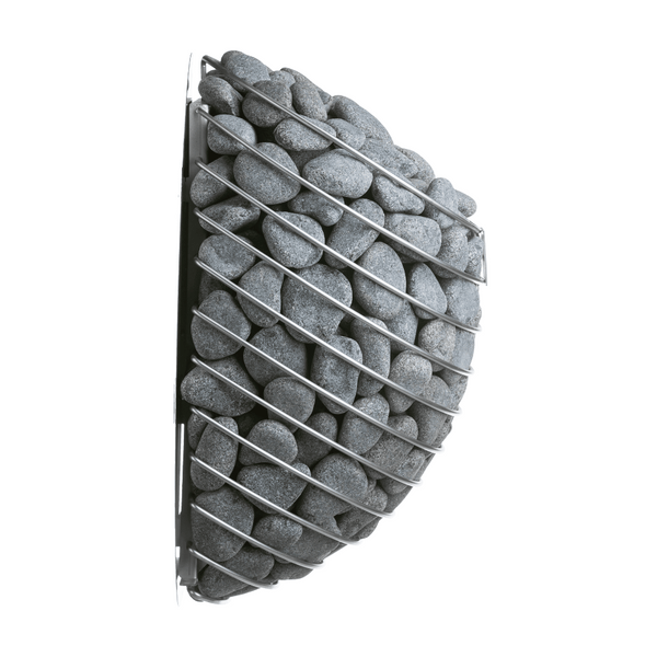 Close-up of sauna stones held in a curved metal rack designed for the E7G Barrel Sauna - 4-6 Person | Western Sol, highlighting traditional sauna heating elements for wellness and relaxation.