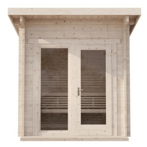 Front view of a light wooden sauna cabin with glass double doors, designed for wellness and relaxation, featuring the G4 Sauna - 6 Person | Western Sol model.