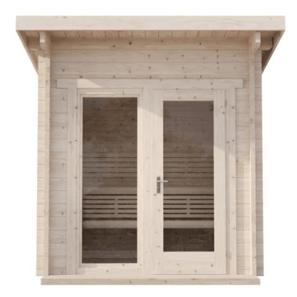 Front view of a light wooden sauna cabin with glass double doors, designed for wellness and relaxation, featuring the G4 Sauna - 6 Person | Western Sol model.